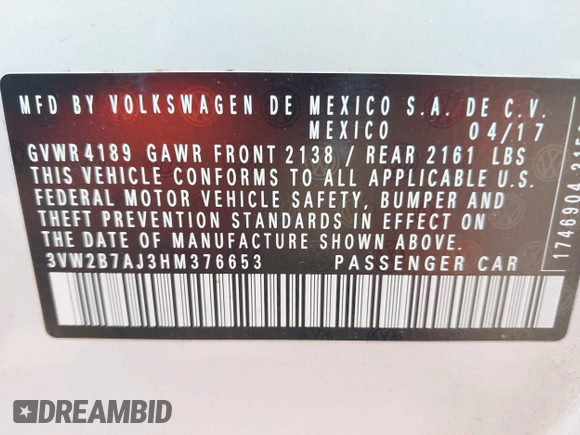 2017 Volkswagen Jetta S with VIN 3VW2B7AJ3HM376653, listed as a IAAI auction lot 42438334 with 140,722 mi miles and . Bid and sale history available at DreamBid. Image 9.