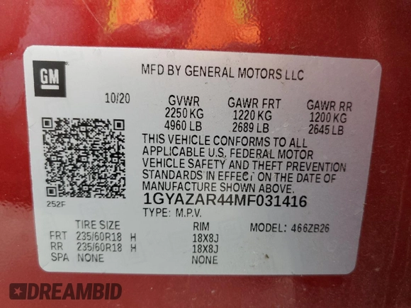 2021 Cadillac XT4 FWD Luxury с VIN 1GYAZAR44MF031416, выставлен на аукционе Copart как лот 82414724 с пробегом 60 392 миль миль и Списание • Salvage title. История ставок и продаж доступна на DreamBid. Изображение 15.