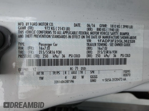 2016 Ford Focus SE with VIN 1FADP3F23GL362328, listed as a Copart auction lot 54898205 with 86,323 mi miles and Salvage title. Bid and sale history available at DreamBid. Image 12.