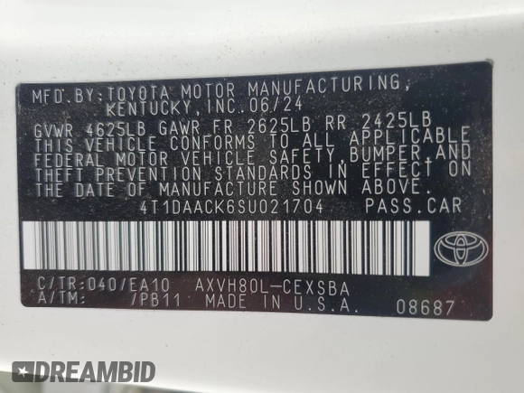 2025 Toyota Camry LE z VIN 4T1DAACK6SU021704, wystawiony jako Copart lot #53556115 z przebiegiem 2 600 mil mil oraz Szkoda całkowita • Salvage title. Historia ofert i sprzedaży dostępna na DreamBid. Obrazek 13.