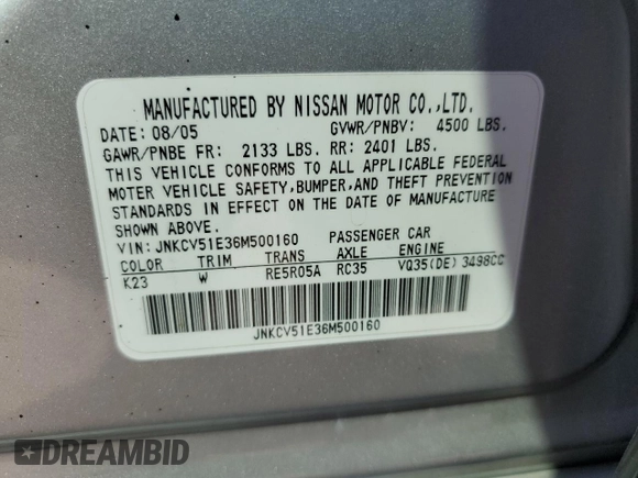 2006 Infiniti G35 with VIN JNKCV51E36M500160, listed as a Copart auction lot 71505364 with 236,731 mi miles and Salvage Title. Bid and sale history available at DreamBid. Image 12.