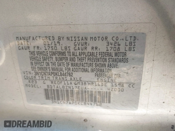 2019 Nissan Versa SV with VIN 3N1CN7AP0KL844762, listed as a IAAI auction lot 41900270 with 113,202 mi miles and . Bid and sale history available at DreamBid. Image 9.