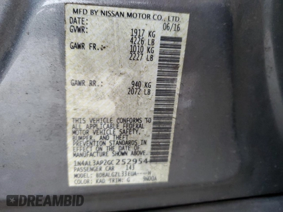 2016 Nissan Altima S with VIN 1N4AL3AP2GC252954, listed as a Copart auction lot 43216685 with 117,956 mi miles and Salvage Title. Bid and sale history available at DreamBid. Image 14.