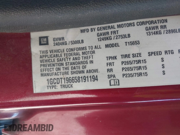 2005 Chevrolet Colorado LS Z71 with VIN 1GCDT196658191194, listed as a IAAI auction lot 42402776 with 153,113 mi miles and . Bid and sale history available at DreamBid. Image 9.
