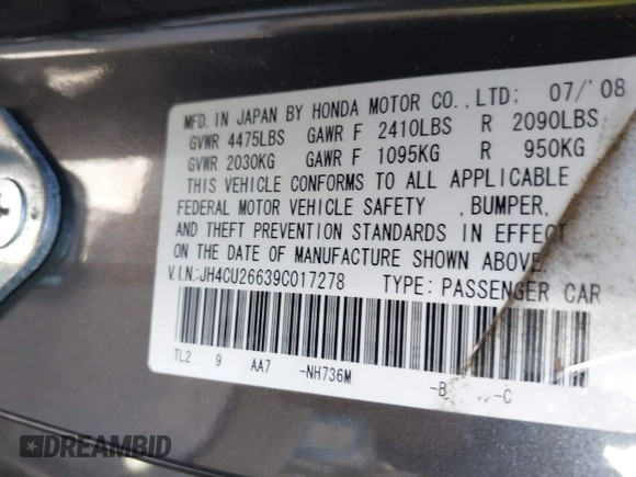 2009 Acura TSX with VIN JH4CU26639C017278, listed as a IAAI auction lot 42142592 with 245,654 mi miles. Bid and sale history available at carsss.com. Image 9.