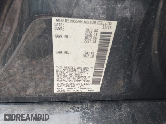 2017 Nissan Altima SV with VIN 1N4AL3APXHC165109, listed as a IAAI auction lot 42447225 with 202,185 mi miles and . Bid and sale history available at DreamBid. Image 9.