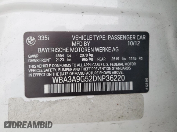 2013 BMW 3 Series 335i with VIN WBA3A9G52DNP36220, listed as a Copart auction lot 85904914 with 96,251 mi miles and Salvage title. Bid and sale history available at DreamBid. Image 12.