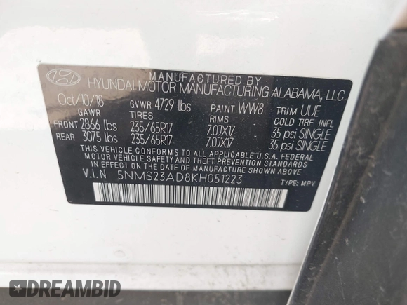 2019 Hyundai Santa Fe SE with VIN 5NMS23AD8KH051223, listed as a IAAI auction lot 42017754 with 146,704 mi miles and . Bid and sale history available at DreamBid. Image 9.
