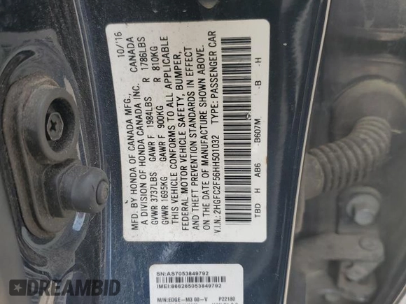 2017 Honda Civic LX with VIN 2HGFC2F56HH501032, listed as a Copart auction lot 57627645 with Not provided miles and Salvage title. Bid and sale history available at DreamBid. Image 12.