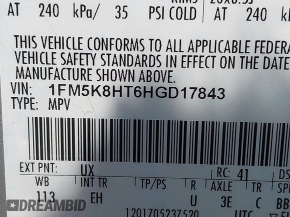 2017 Ford Explorer Platinum с VIN 1FM5K8HT6HGD17843, выставлен на аукционе IAAI как лот 42389653 с пробегом 135 820 миль миль и . История ставок и продаж доступна на DreamBid. Изображение 9.