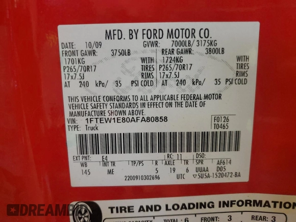 2010 Ford F-150 XL с VIN 1FTEW1E80AFA80858, выставлен на аукционе Copart как лот 50838465 с пробегом 184 037 миль миль и Чистый • Clean title. История ставок и продаж доступна на DreamBid. Изображение 12.