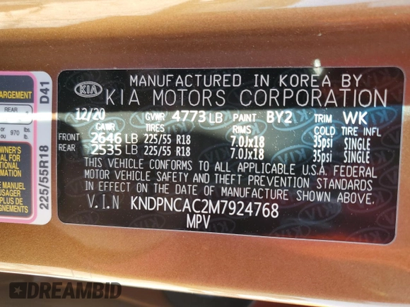 2021 Kia Sportage EX with VIN KNDPNCAC2M7924768, listed as a Copart auction lot 57914625 with 25,798 mi miles and Salvage title. Bid and sale history available at DreamBid. Image 13.