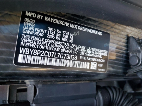 2020 BMW i3 with VIN WBY8P2C07L7G73838, listed as a Copart auction lot 38145783 with 8,736 mi miles. Bid and sale history available at carsss.com. Image 12.