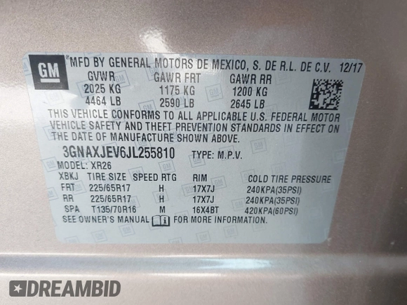 2018 Chevrolet Equinox LT with VIN 3GNAXJEV6JL255810, listed as a IAAI auction lot 42059486 with 94,321 mi miles and . Bid and sale history available at carsss.com. Image 9.