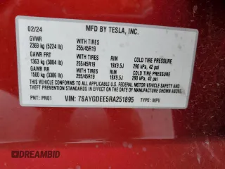 2024 Tesla Model Y Long Range с VIN 7SAYGDEE5RA251895, выставлен на аукционе Copart как лот 50180245 с пробегом 14 199 миль миль и Списание • Salvage title. История ставок и продаж доступна на DreamBid. Изображение 14.