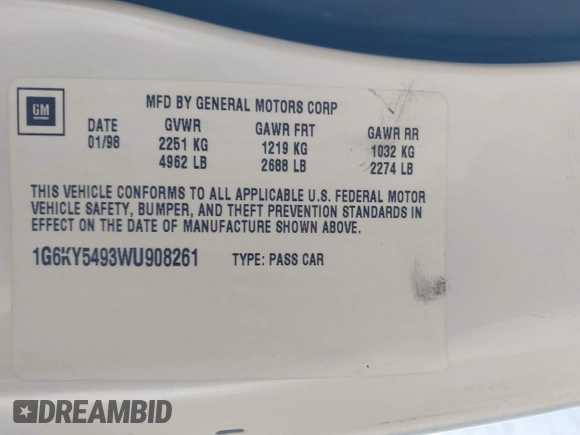 1998 Cadillac Seville STS z VIN 1G6KY5493WU908261, wystawiony jako IAAI lot #41933423 z przebiegiem 179 479 mil mil oraz . Historia ofert i sprzedaży dostępna na DreamBid. Obrazek 9.