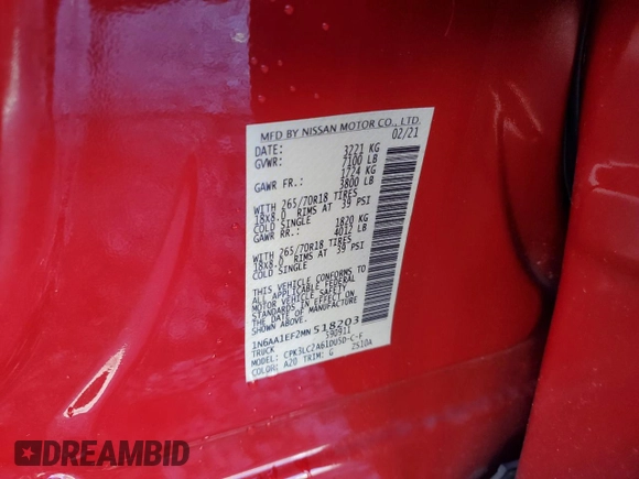 2021 Nissan Titan SV z VIN 1N6AA1EF2MN518203, wystawiony jako Copart lot #86769034 z przebiegiem 129 900 mil mil oraz Szkoda całkowita • Salvage title. Historia ofert i sprzedaży dostępna na DreamBid. Obrazek 12.