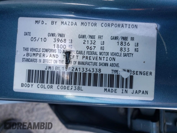 2010 Mazda 3 i Touring with VIN JM1BL1SF2A1334338, listed as a Copart auction lot 51437835 with Not Provided miles and Salvage Title. Bid and sale history available at DreamBid. Image 12.