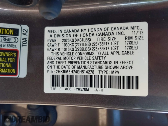 2014 Honda CR-V EX-L with VIN 2HKRM3H74EH514278, listed as a IAAI auction lot 41480446 with 147,954 mi miles and . Bid and sale history available at carsss.com. Image 9.