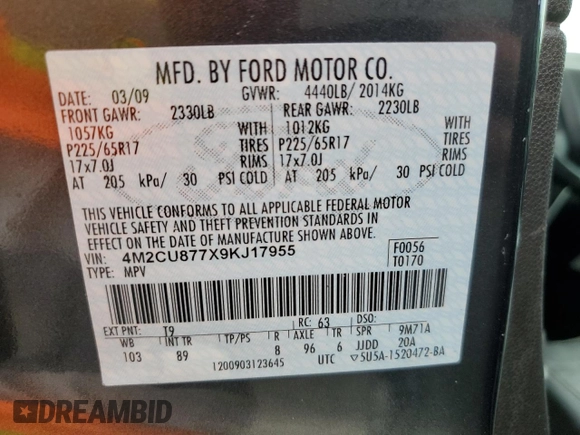 2009 Mercury Mariner Premier with VIN 4M2CU877X9KJ17955, listed as a Copart auction lot 56878845 with 165,626 mi miles and Salvage title. Bid and sale history available at DreamBid. Image 14.