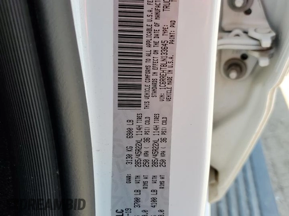 2020 Ram 1500 Limited with VIN 1C6RREHT8LN133645, listed as a Copart auction lot 66593964 with 112,388 mi miles and Salvage title. Bid and sale history available at DreamBid. Image 12.