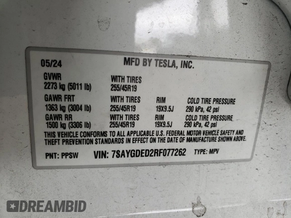 2024 Tesla Model Y z VIN 7SAYGDED2RF077262, wystawiony jako Copart lot #47797735 z przebiegiem 9 574 mil mil oraz Szkoda całkowita • Salvage title. Historia ofert i sprzedaży dostępna na DreamBid. Obrazek 15.