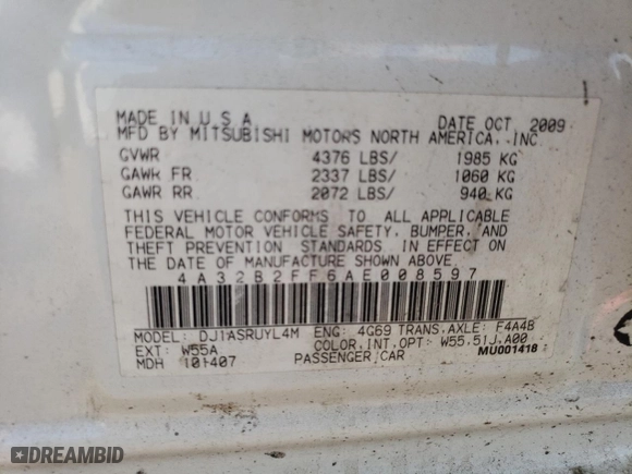 2010 Mitsubishi Galant FE with VIN 4A32B2FF6AE008597, listed as a Copart auction lot 54932304 with 125,195 mi miles and Salvage Title. Bid and sale history available at carsss.com. Image 13.
