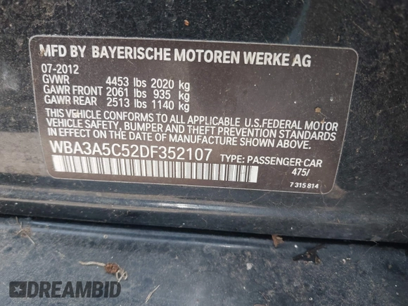 2013 BMW 3 Series 328i with VIN WBA3A5C52DF352107, listed as a IAAI auction lot 42169521 with 125,141 mi miles. Bid and sale history available at carsss.com. Image 9.