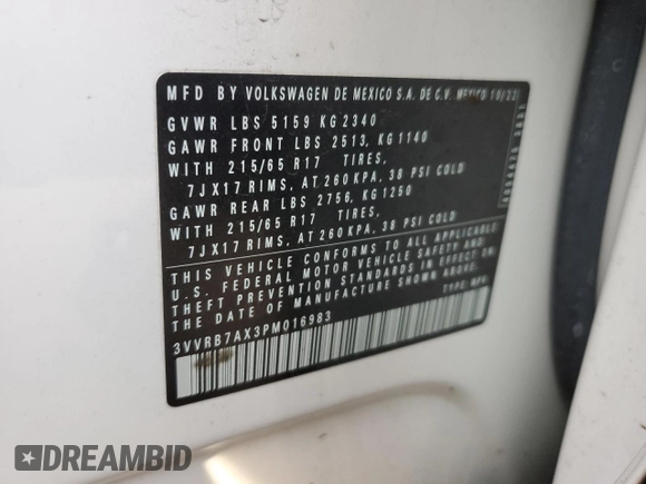 2023 Volkswagen Tiguan S with VIN 3VVRB7AX3PM016983, listed as a Copart auction lot 85617494 with 35,500 mi miles and Salvage title. Bid and sale history available at DreamBid. Image 13.