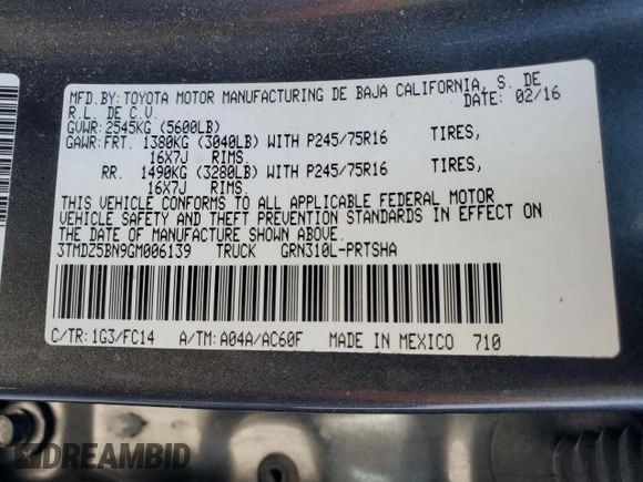 2016 Toyota Tacoma SR5 with VIN 3TMDZ5BN9GM006139, listed as a Copart auction lot 89292365 with 179,756 mi miles and Salvage Title. Bid and sale history available at DreamBid. Image 12.