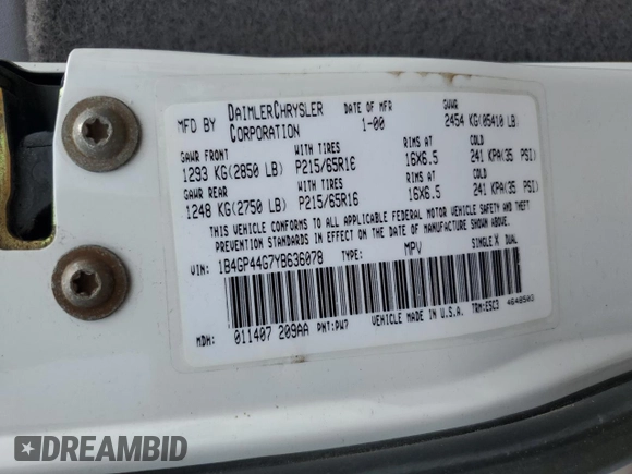 2000 Dodge Caravan SE with VIN 1B4GP44G7YB636078, listed as a Copart auction lot 59387395 with 184,916 mi miles and Salvage title. Bid and sale history available at DreamBid. Image 13.