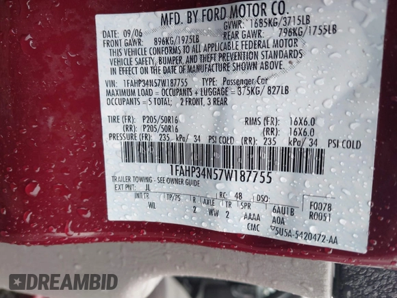 2007 Ford Focus S with VIN 1FAHP34N57W187755, listed as a IAAI auction lot 41839701 with Not Provided miles and . Bid and sale history available at carsss.com. Image 9.