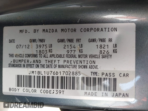 2013 Mazda 3 i Sport with VIN JM1BL1U76D1702885, listed as a IAAI auction lot 42152806 with 139,041 mi miles and . Bid and sale history available at DreamBid. Image 10.