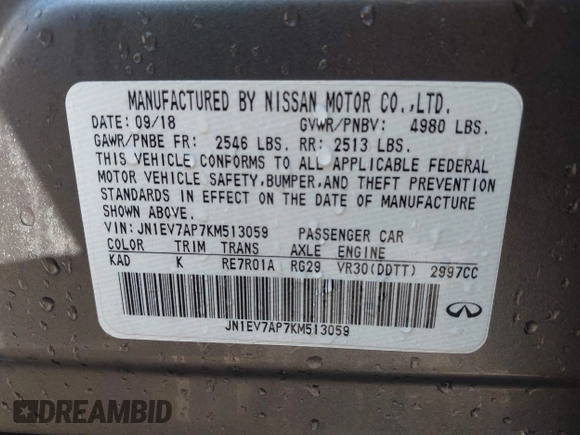 2019 Infiniti Q50 3.0t LUXE with VIN JN1EV7AP7KM513059, listed as a IAAI auction lot 41737122 with 77,337 mi miles. Bid and sale history available at carsss.com. Image 9.