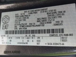 2019 Ford Escape SE z VIN 1FMCU9GD7KUA00132, wystawiony jako IAAI lot #41973998 z przebiegiem 89 327 mil mil oraz . Historia ofert i sprzedaży dostępna na DreamBid. Obrazek 9.