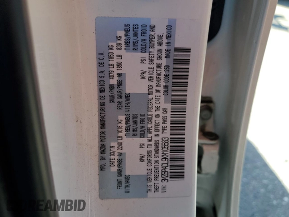 2019 Mazda 3 Preferred with VIN 3MZBPADL9KM105583, listed as a Copart auction lot 48248385 with 36,420 mi miles and Salvage Title. Bid and sale history available at DreamBid. Image 13.