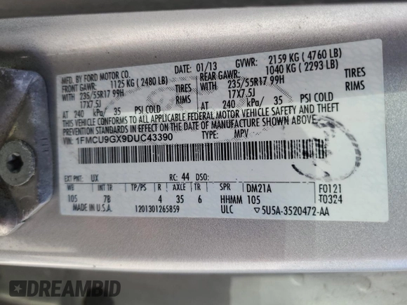 2013 Ford Escape SE with VIN 1FMCU9GX9DUC43390, listed as a Copart auction lot 53289834 with 160,961 mi miles and Non Repairable. Bid and sale history available at DreamBid. Image 13.