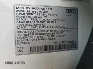 2022 Audi Q7 Premium Plus z VIN WA1LXBF72ND008376, wystawiony jako Copart lot #60285845 z przebiegiem 36 713 mil mil oraz Szkoda całkowita • Salvage title. Historia ofert i sprzedaży dostępna na DreamBid. Obrazek 12.