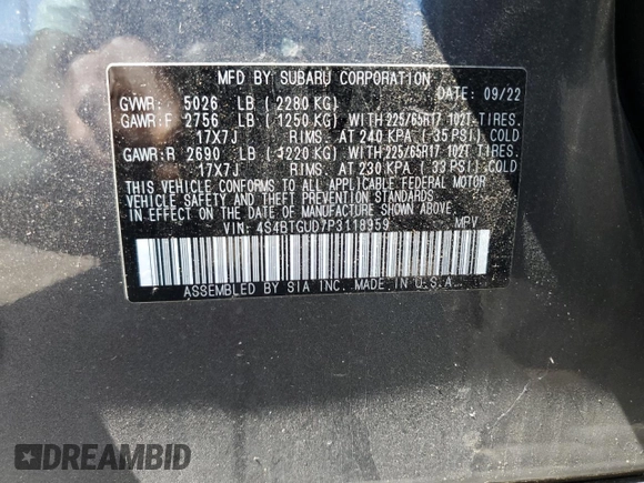 2023 Subaru Outback Wilderness с VIN 4S4BTGUD7P3118959, выставлен на аукционе Copart как лот 56583405 с пробегом 52 668 миль миль и Списание • Salvage title. История ставок и продаж доступна на DreamBid. Изображение 14.