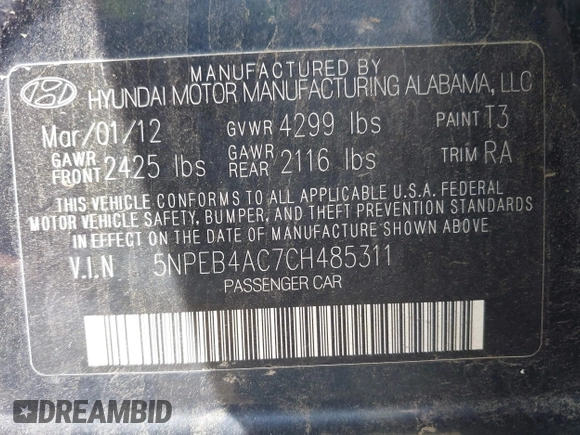 2012 Hyundai Sonata GLS with VIN 5NPEB4AC7CH485311, listed as a IAAI auction lot 42114018 with 240,584 mi miles and . Bid and sale history available at carsss.com. Image 9.