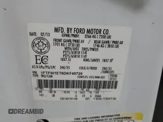 2013 Ford F-150 XL with VIN 1FTFW1ET6DKF49729, listed as a Copart auction lot 56993215 with 308,764 mi miles and Salvage title. Bid and sale history available at DreamBid. Image 12.