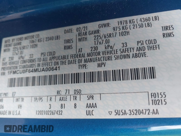 2021 Ford Escape S with VIN 1FMCU0F64MUA00641, listed as a IAAI auction lot 42819461 with 106,907 mi miles and . Bid and sale history available at DreamBid. Image 9.