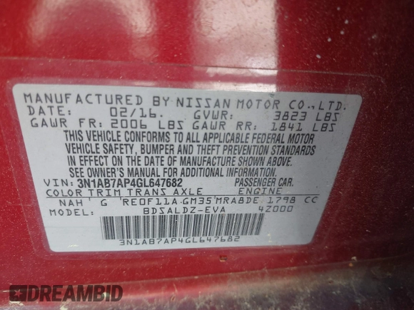 2016 Nissan Sentra SV with VIN 3N1AB7AP4GL647682, listed as a IAAI auction lot 42030087 with 137,879 mi miles and . Bid and sale history available at DreamBid. Image 9.