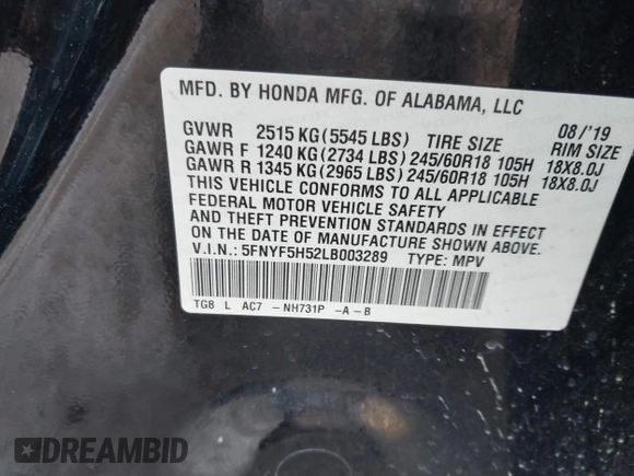 2020 Honda Pilot EX-L with VIN 5FNYF5H52LB003289, listed as a IAAI auction lot 41563075 with 151,682 mi miles. Bid and sale history available at carsss.com. Image 9.
