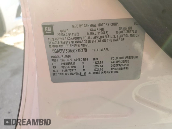 2009 Buick Enclave CX with VIN 5GAER13D59J215379, listed as a Copart auction lot 42226185 with 175,487 mi miles and Salvage Title. Bid and sale history available at DreamBid. Image 13.