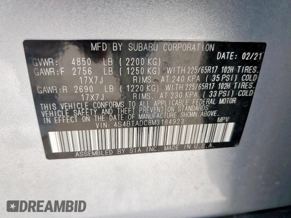 2021 Subaru Outback Premium with VIN 4S4BTADC8M3184923, listed as a Copart auction lot 61628025 with 76,408 mi miles and Salvage title. Bid and sale history available at DreamBid. Image 13.