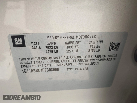 2015 Chevrolet Malibu LS with VIN 1G11A5SL7FF303569, listed as a IAAI auction lot 42088047 with 139,751 mi miles and . Bid and sale history available at DreamBid. Image 9.