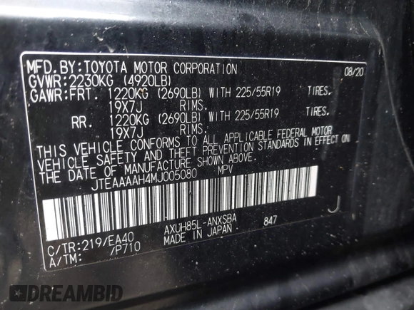 2021 Toyota Venza LE with VIN JTEAAAAH4MJ005080, listed as a IAAI auction lot 41856738 with 164,456 mi miles and . Bid and sale history available at DreamBid. Image 9.