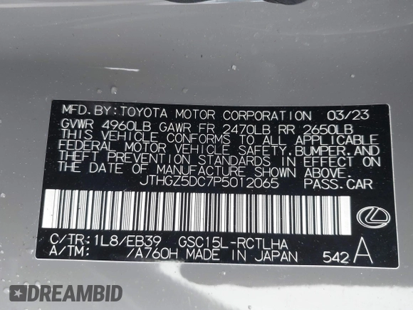 2023 Lexus RC 350 F Sport с VIN JTHGZ5DC7P5012065, выставлен на аукционе IAAI как лот 42247935 с пробегом 33 237 миль миль и . История ставок и продаж доступна на DreamBid. Изображение 9.