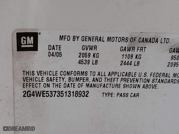 2005 Buick LaCrosse CXS with VIN 2G4WE537351318932, listed as a IAAI auction lot 41614057 with 62,958 mi miles. Bid and sale history available at carsss.com. Image 9.